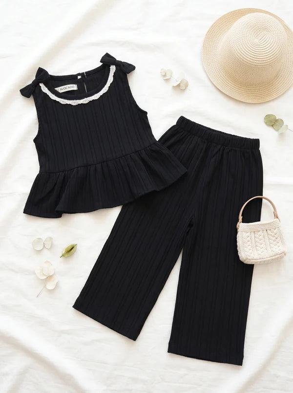 Lace Neck Ribbed Frock & Trouser